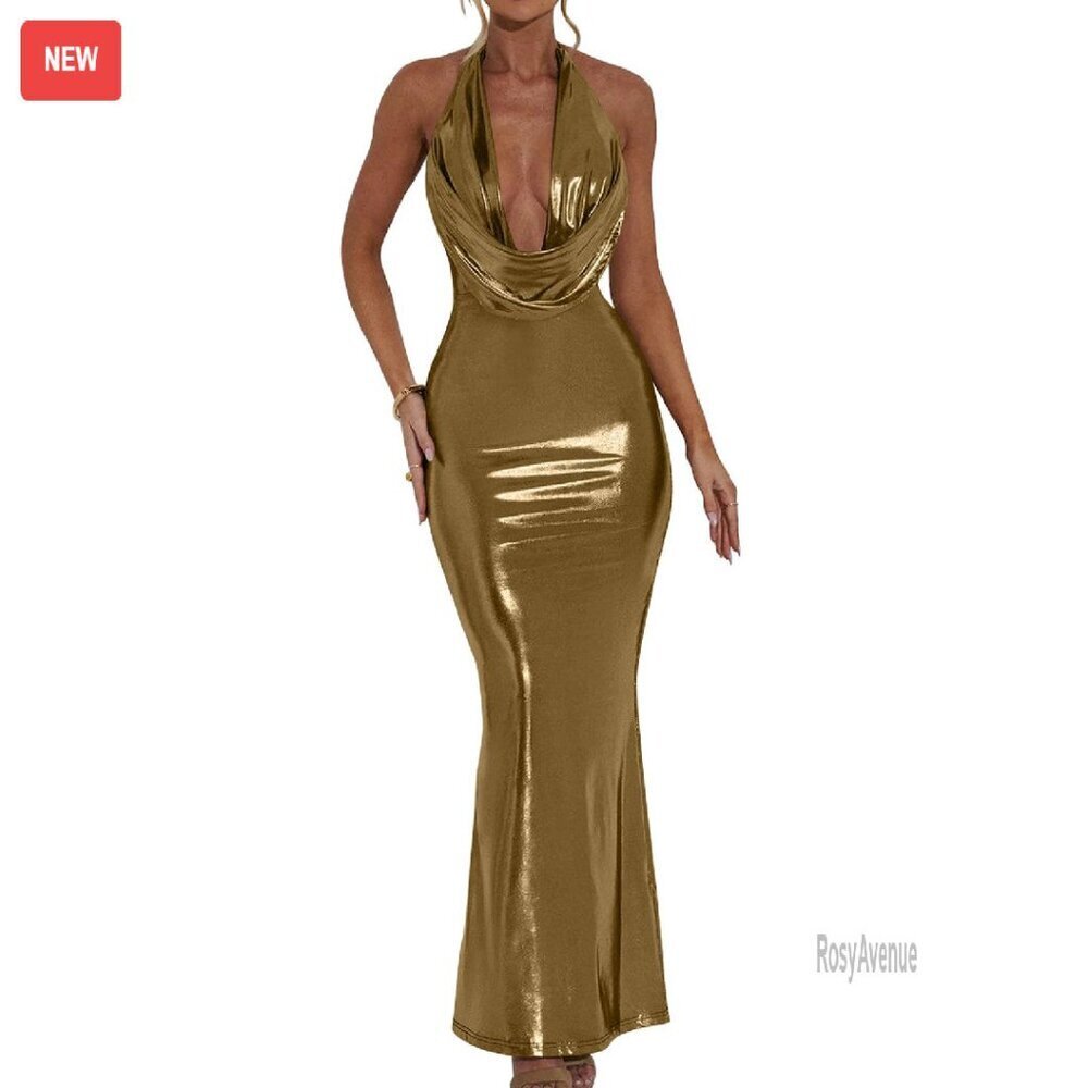 Metallic Halter Bodycon Maxi Dress Formal Evening Gown